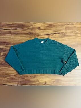 Teal Crop Crewneck Knit Sweater